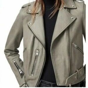 All Saints Belfern Leather Biker Jacket in Sage Green, Size: 8